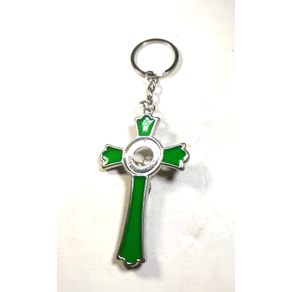 INRI Jesus Cross Keychain Green Enamel Silver Tone 4" Long Religious - Picture 7 of 7